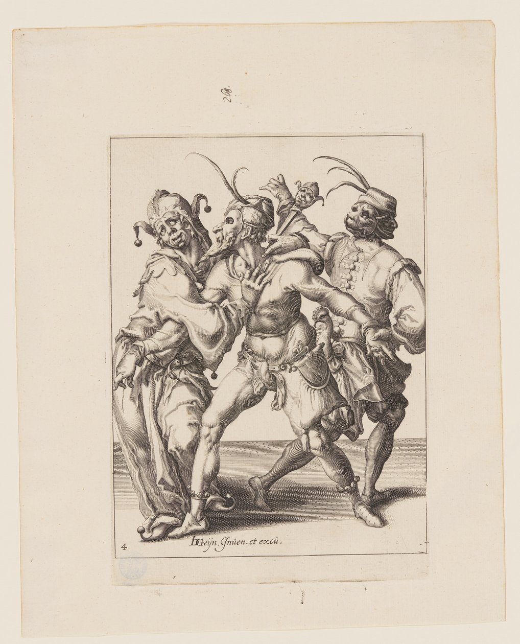 Tre dansende mummere inkludert en narr, fra Maskeradene av Jacques de Gheyn II