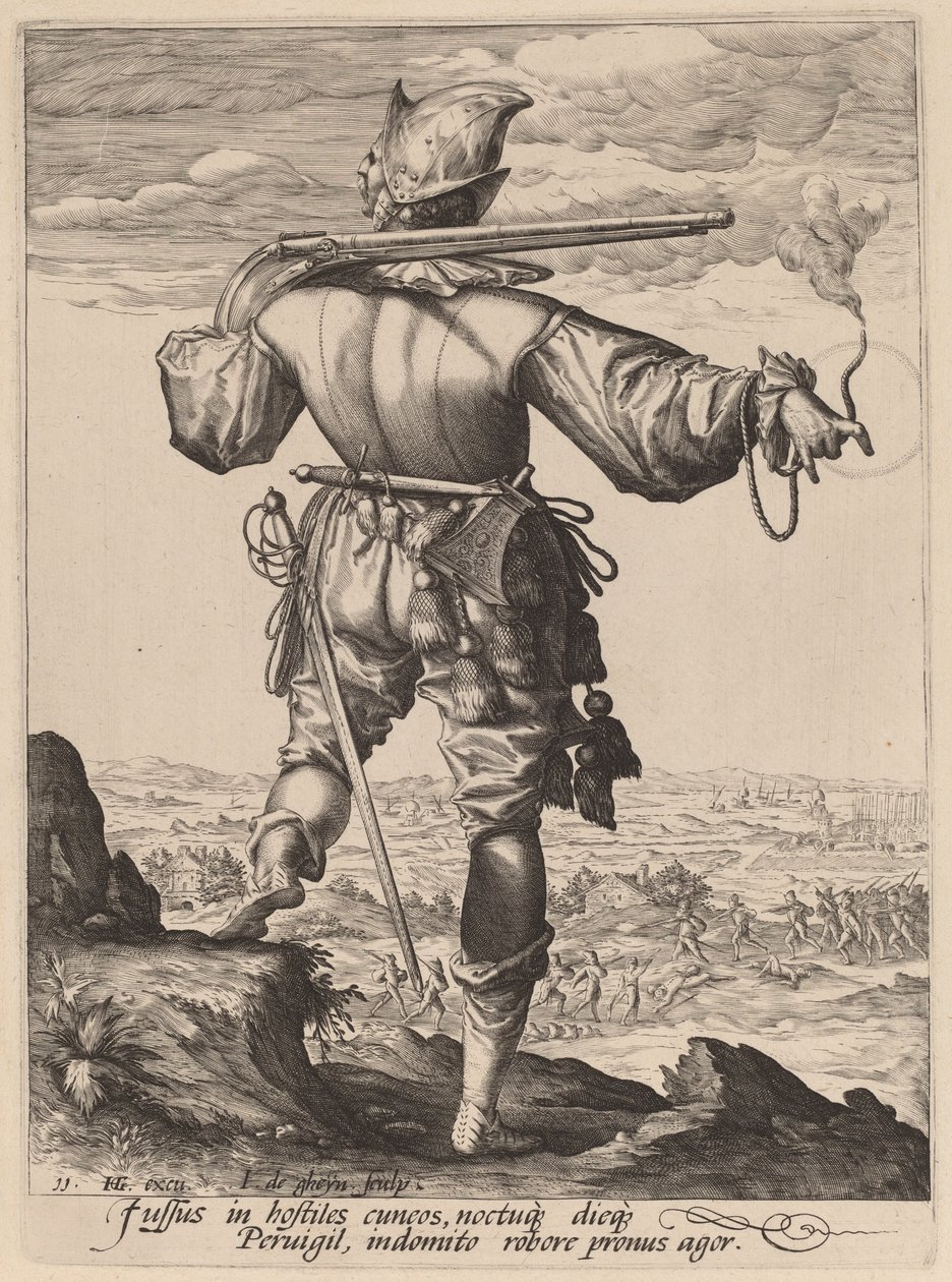 Musketer med hjelm av Jacques de Gheyn II after Hendrik Goltzius