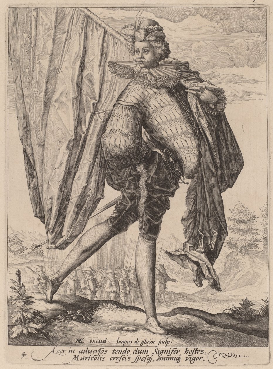 Soldat bevæpnet med bredsverd og skjold av Jacques de Gheyn II after Hendrik Goltzius