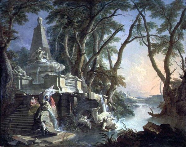 Pyramidefontenen med en ødelagt statue av Neptun, eller Landscape: The River (olje på lerret) av Jacques de Lajoüe