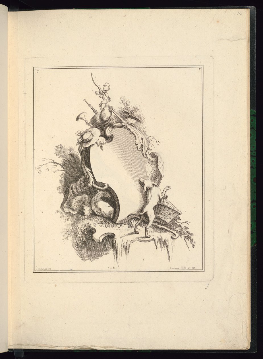 Design for en kartusj med pastorale motiver av Jacques de Lajoüe