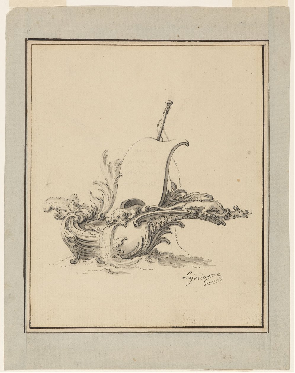 Design for en escutcheon i form av båt med seil, for Recueil Nouveau de Differens Cartouches av Jacques de Lajoüe
