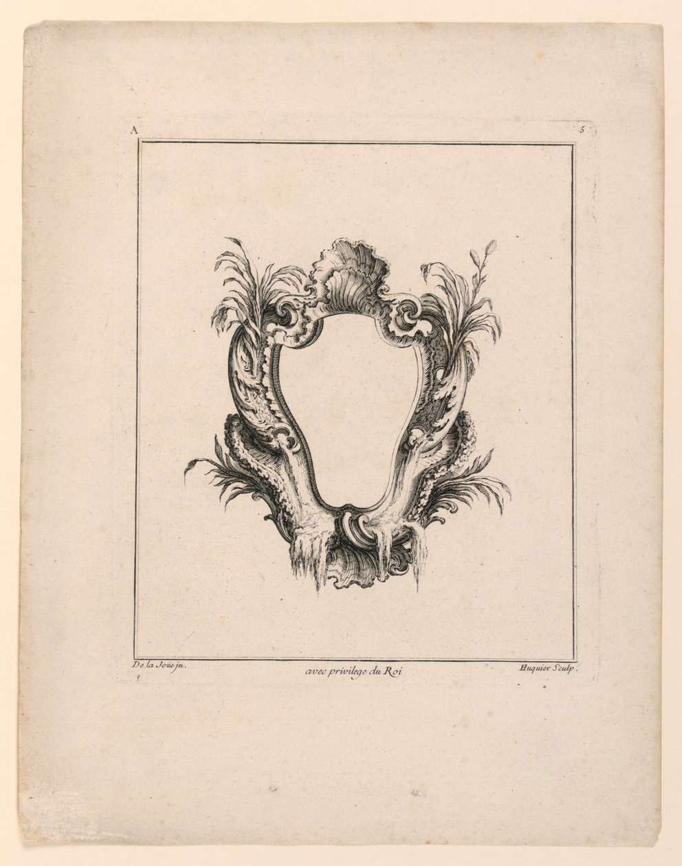 Escutcheon, fra "Recueil Nouveau de Differens Cartouche" av Jacques de Lajoüe