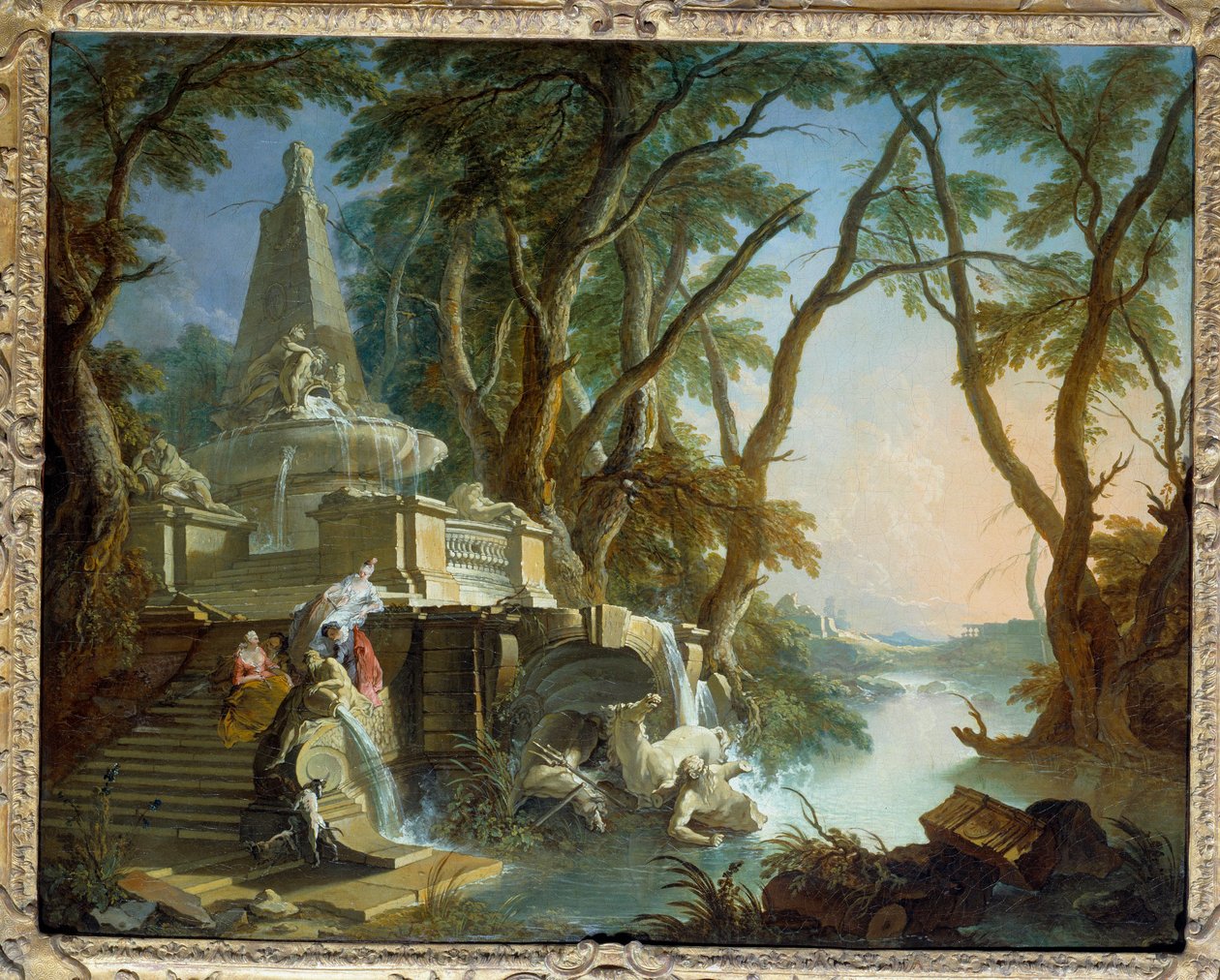 Landskap komponerer eller "" elven"" Pyramideformet fontene med statue av Neptun ødelagt. Maleri av Jacques de Lajoue (1686-1761) 1700-tallets søn. 0,81 x 1,01 m av Jacques de Lajoüe