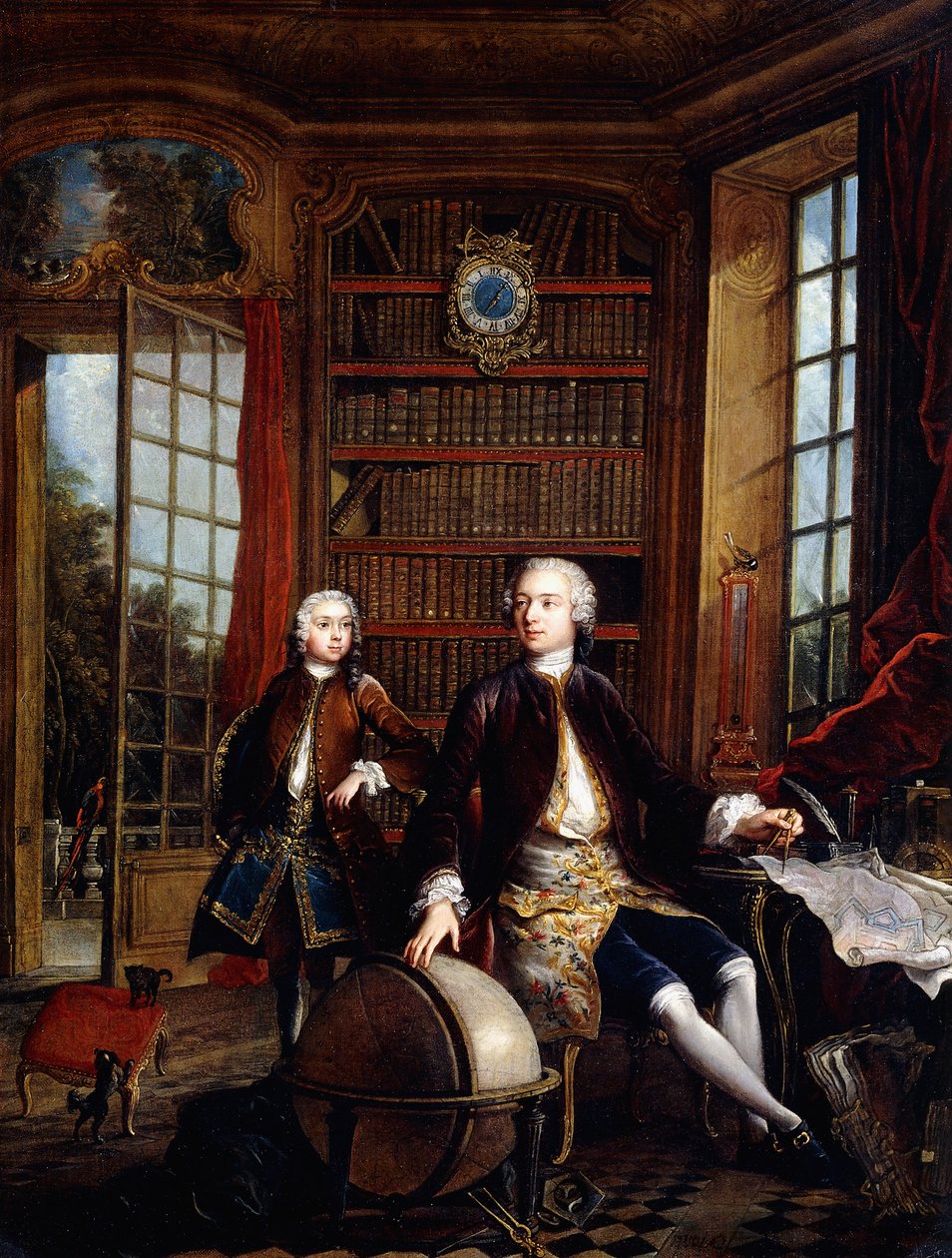 Portrett av kunstnerens sønn med sin lærer, sies å være kunstneren Jean Baptiste de Courtonne den yngre, i et bibliotek, av Jacques de Lajoüe