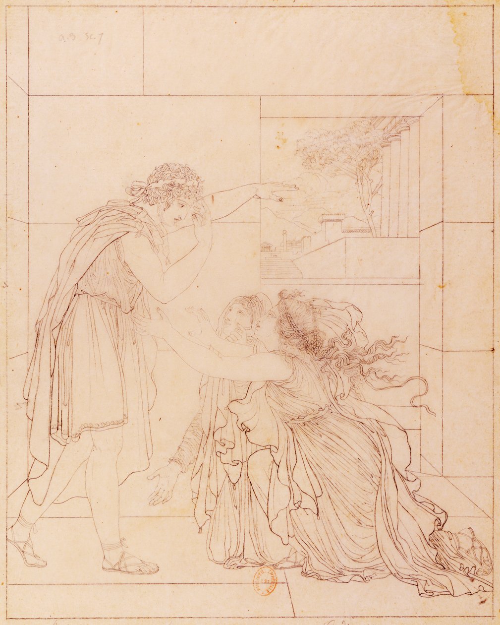 Andromaque ved foten av Pyrrhus, illustrasjon for Andromaque av Jean Racine (1639-1699), av Jacques de Seve (1742-1788), tegning av Jacques de Seve
