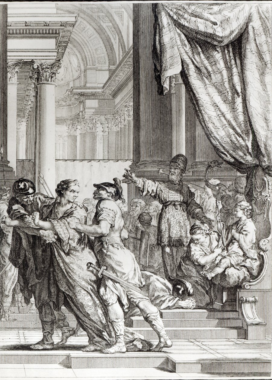 Jehoiada, yppersteprest i Jerusalem som utroper prins Joash som konge av Juda, scene fra 'Athalie' av Jean Racine (1639-99) gravert av Jean-Jacques Flipart (1719-82) av Jacques de Seve