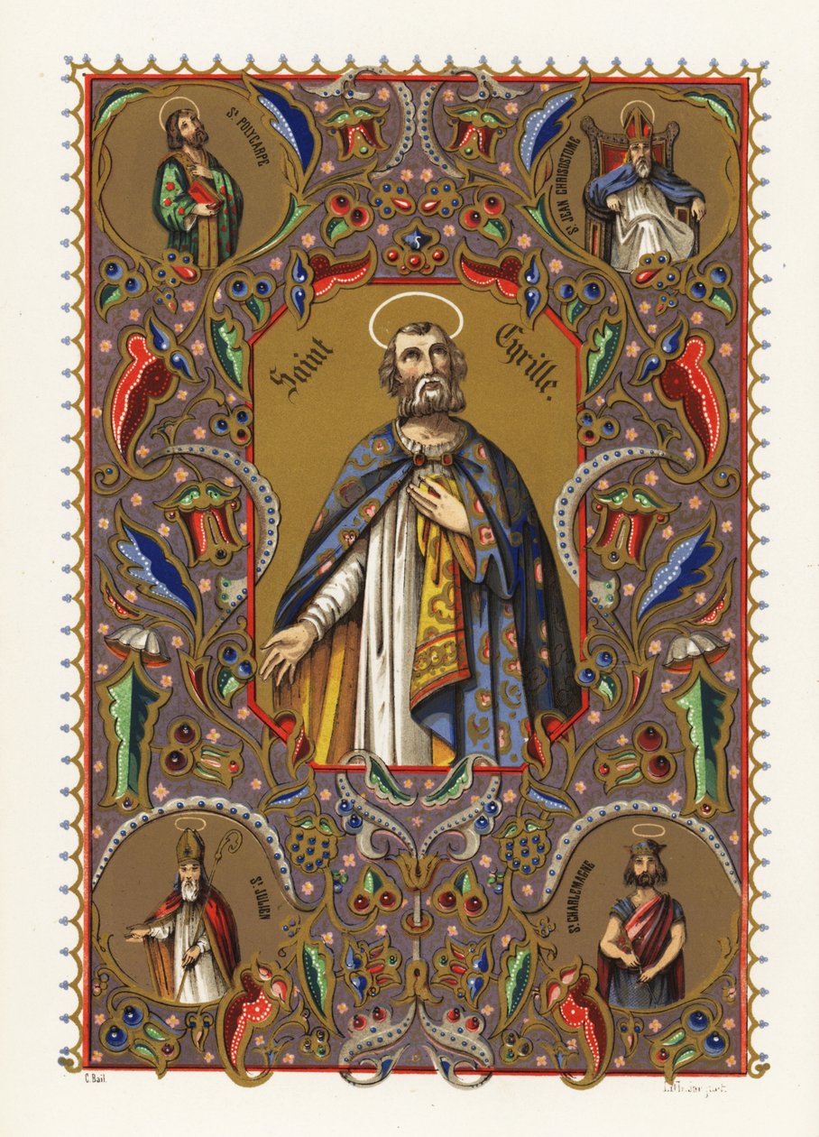 Portretul lui Chiril al Alexandriei, Patriarhul Alexandriei, cu aureolă și halat, în chenarul decorativ al foliagenorwegian av Jacquet Jacquet
