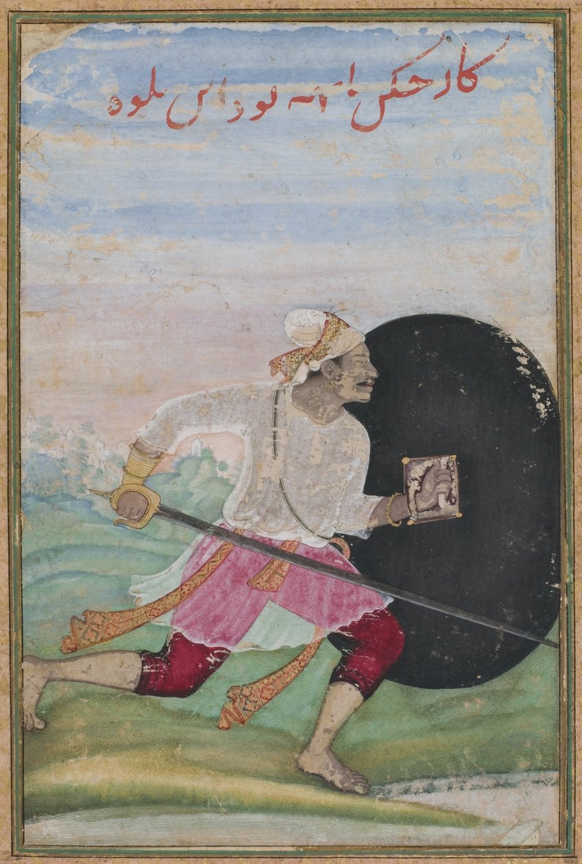 Running Swordsman, Mughal-dynastiet, ca. 1600 (ugjennomsiktig wc, gull og blekk på papir) av Jaganatha