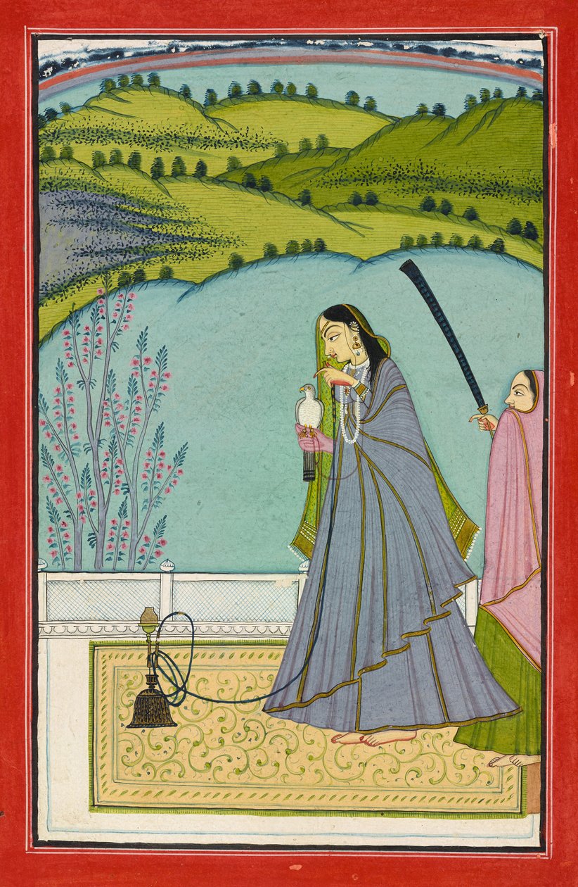 En dame på en terrasse med vannpipe og falk, ca. 1760 (ugjennomsiktig akvarell og gull på papir) av Jaimal Har