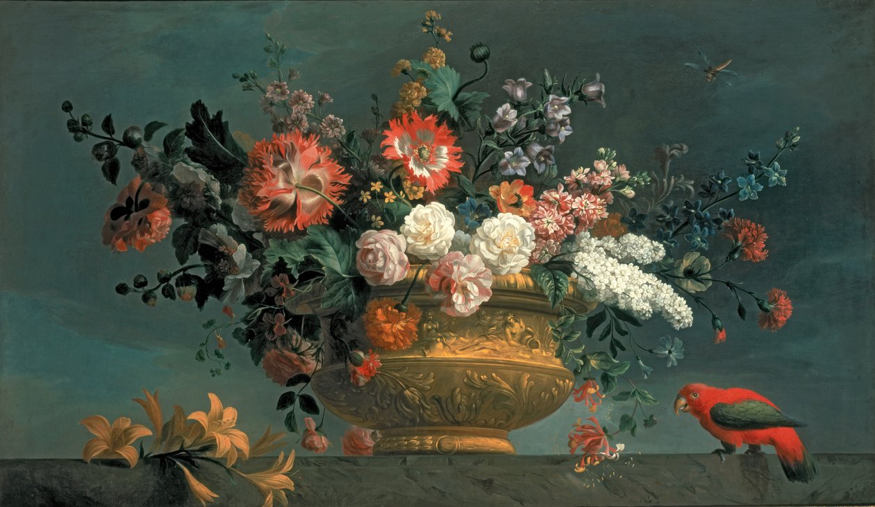 Blomsterstykke med papegøye av Jakob Bogdani or Bogdany