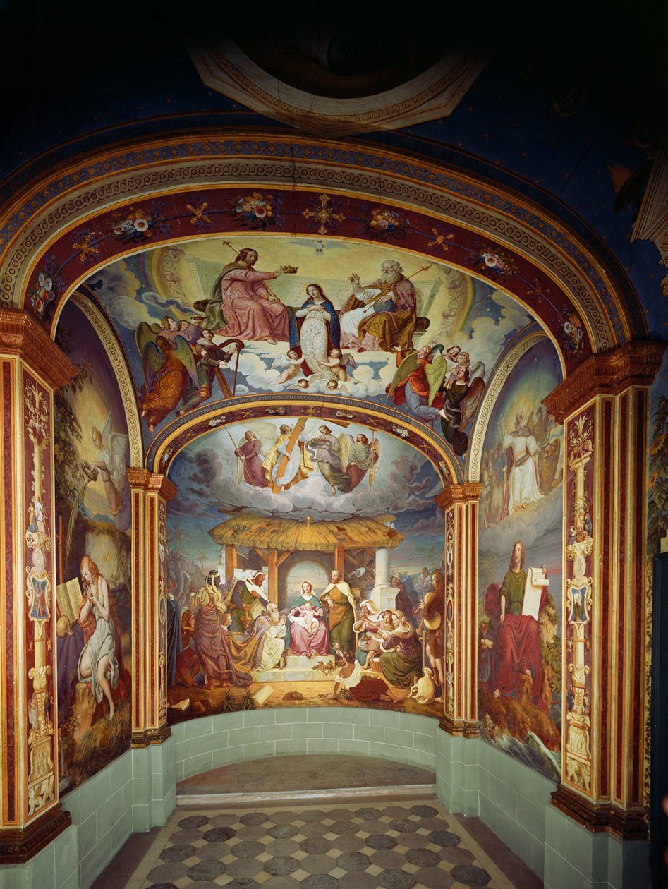 Fødselen, flankert av St. Maria Magdalena og St. Johannes evangelisten, ca. 1842 av Jakob Goetzenberger