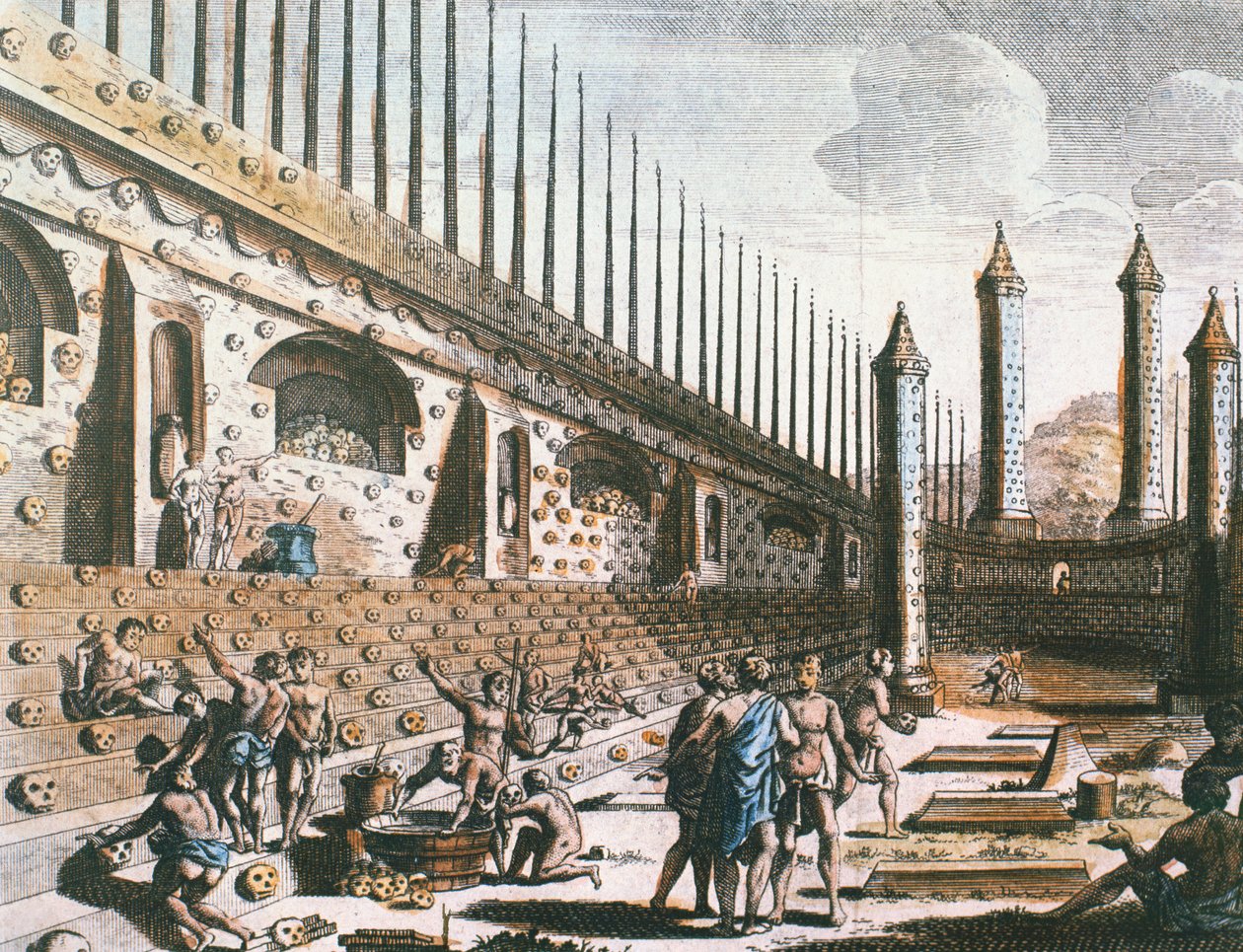 En vegg av menneskehodeskaller, Templo Mayor, Tenochtitlan av Jakob van der Schley
