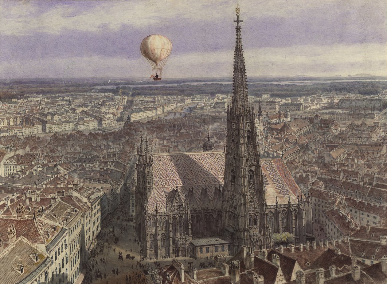 Ballongferd over Wien (Utsikt over Wien fra sørvest med en ballong over byen) av Jakob Alt