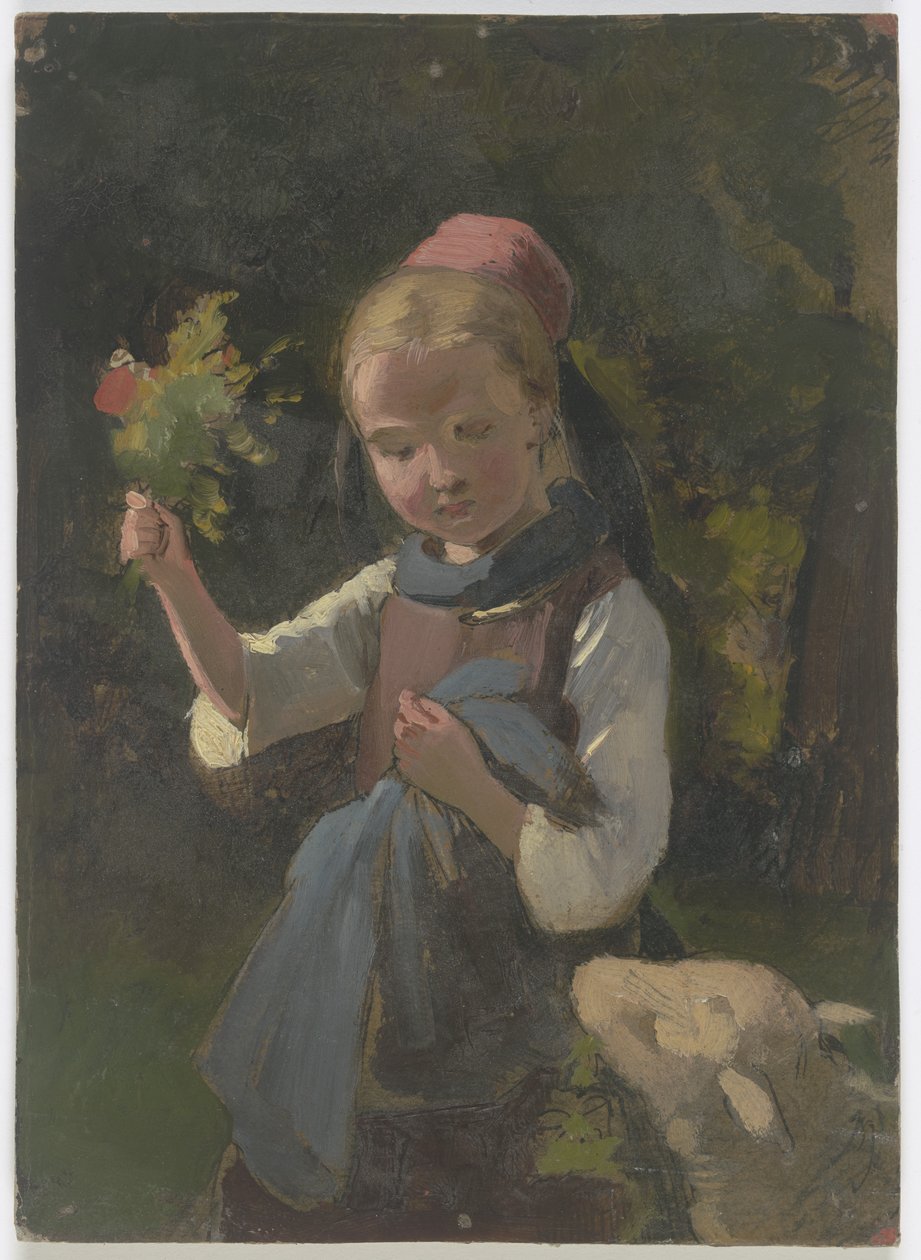 Bondejente med blomsterbukett, fra høyre en sau av Jakob Becker