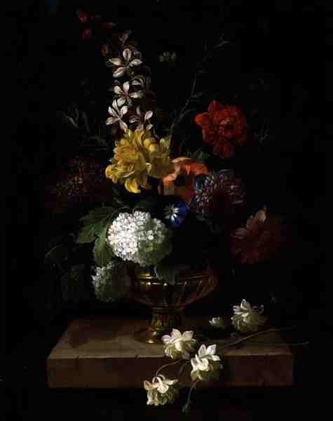 Stilleben av blomster i en urne (olje på panel) av Jakob Bogdani or Bogdany