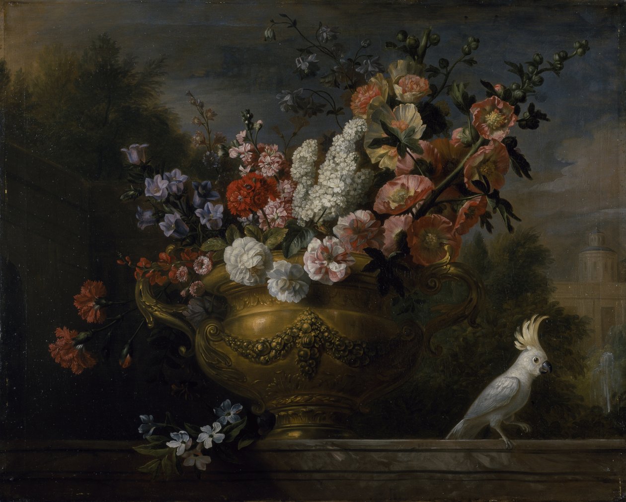 Stilleben med blomster i en urne, med en kakadue, på en avsats, ca. 1699 (olje på lerret) av Jakob Bogdani or Bogdany