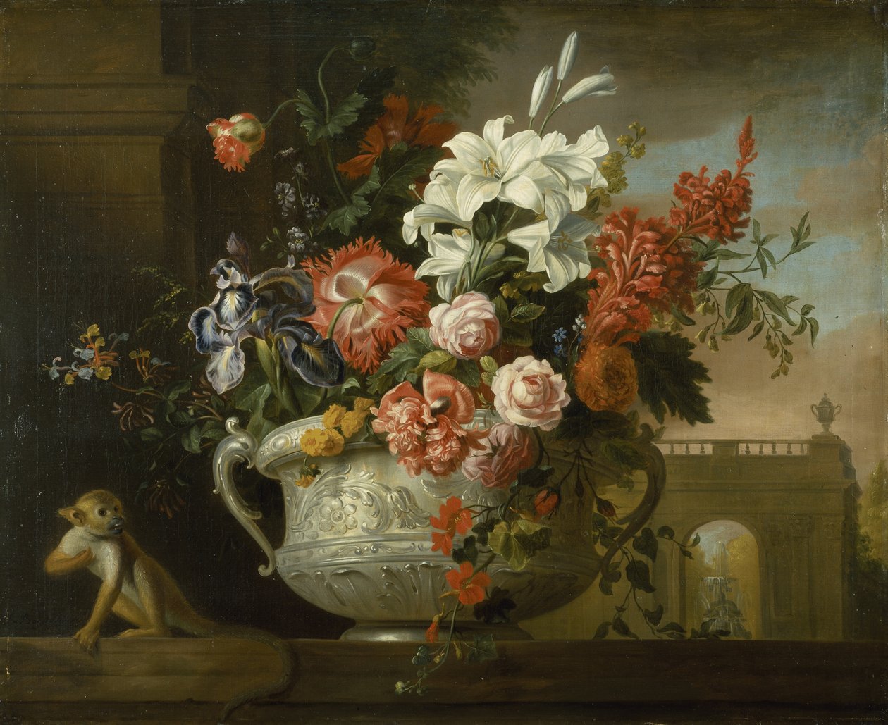 Stilleben med blomster i en urne, med en ape, på en avsats, ca. 1699 (olje på lerret) av Jakob Bogdani or Bogdany