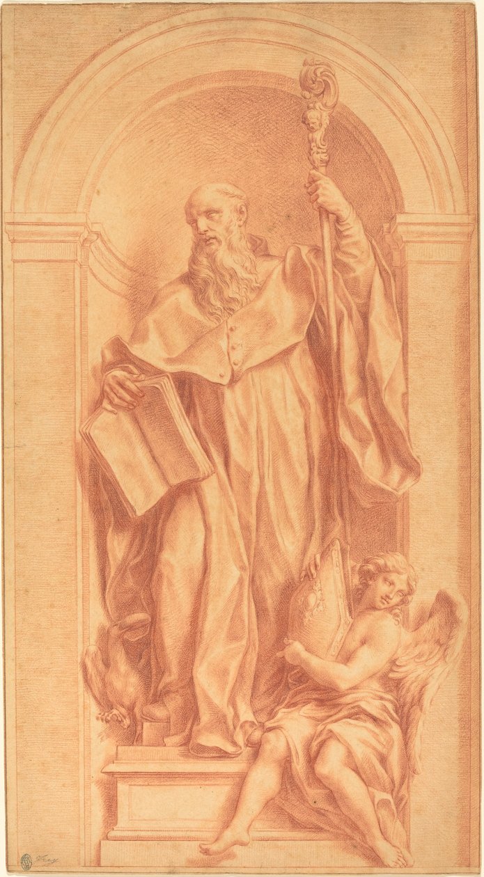 En skulptur av Saint Benedict i en nisje av Jakob Frey