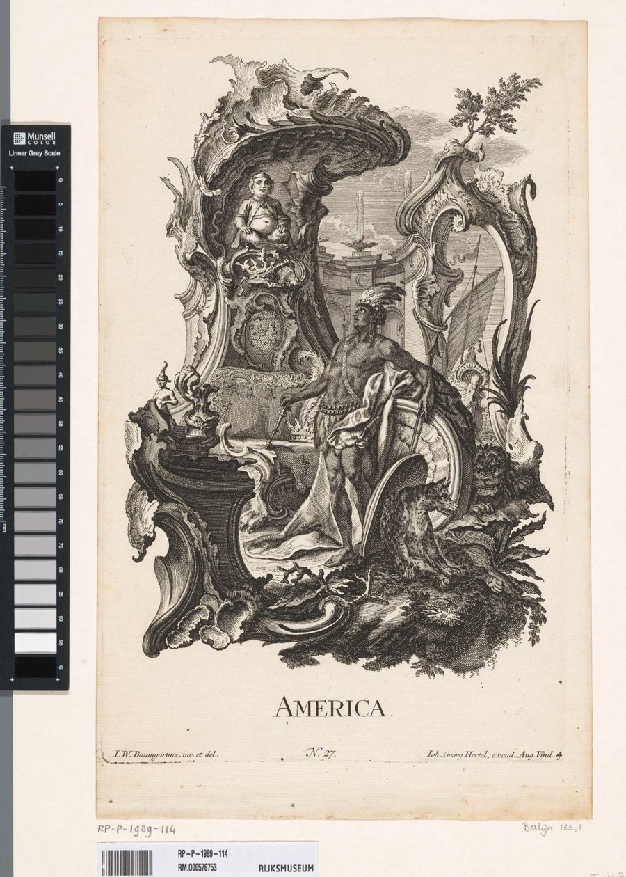 Rocaille med personifiseringen av kontinentet Amerika Amerika (tittel på objekt) De fire kontinentene (serietittel) av Jakob Gottlieb Thelott