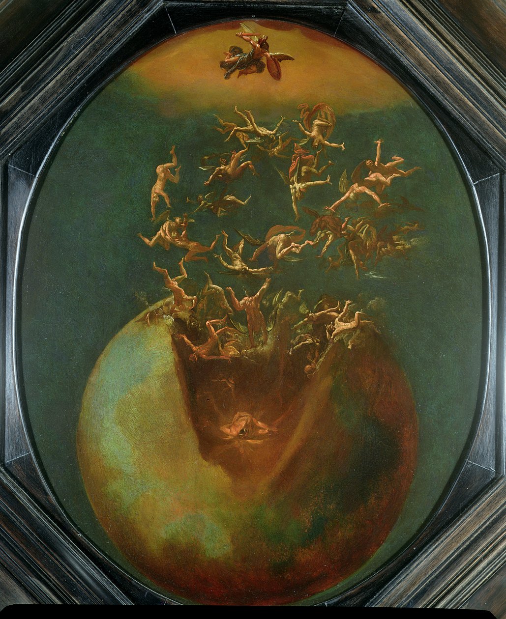 Fall of Satan and the Rebel Angels from Heaven (olje på forsølvet kobber) av Jakob Isaaksz Swanenburgh