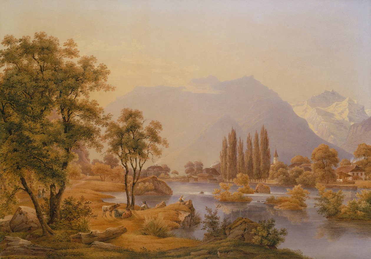 Utsikt over elven Aare og Interlaken med klosterkirken (olje) av Jakob Suter
