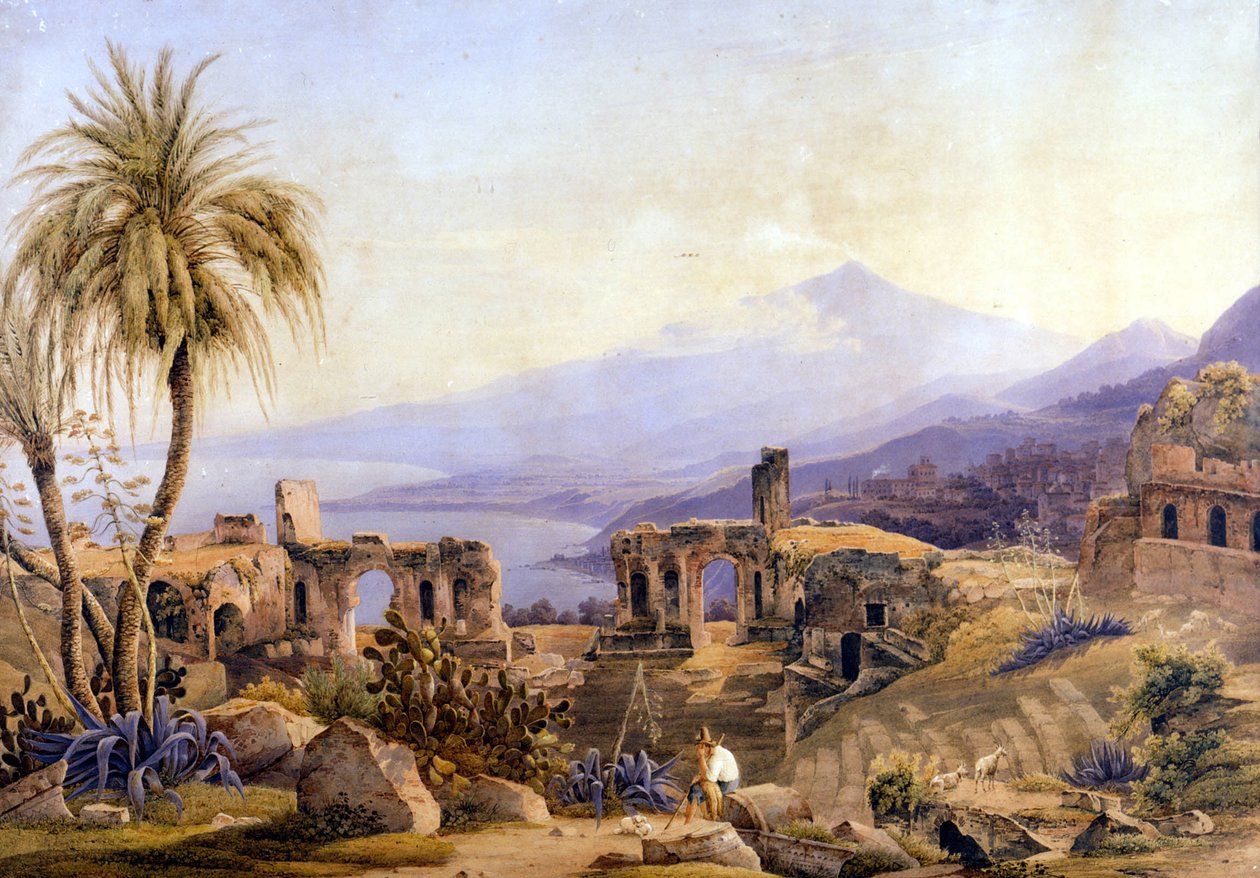 Taormina på Sicilia: ruinene og Etna. Maleri av Jacob Suter, ca 1850. av Jakob Suter