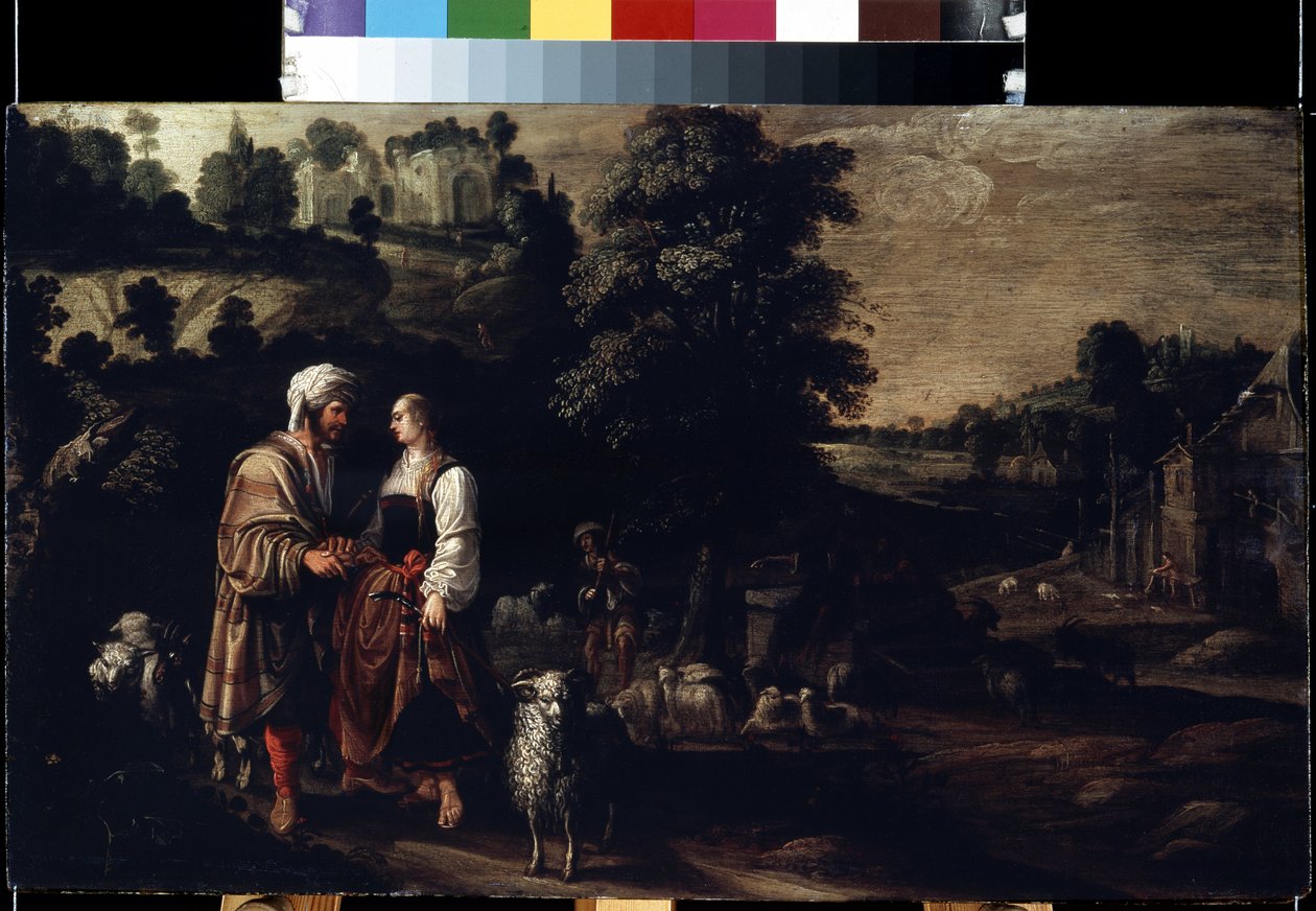 Jakob møter Rachel ved brønnen (Jacob møter Rachel ved brønnen). Maleri av Jacobus (Jacques) Wabbe eller Waben (aktiv mellom 1602-1634). Olje på tre, 38 x 62,5 cm av Jakob Wabbe