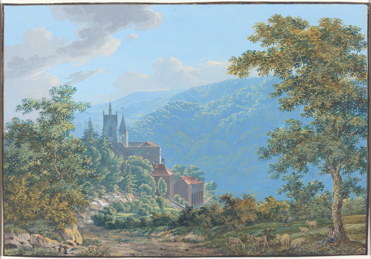En festning i et fjelllandskap ved soloppgang av Jakob Wilhelm Huber