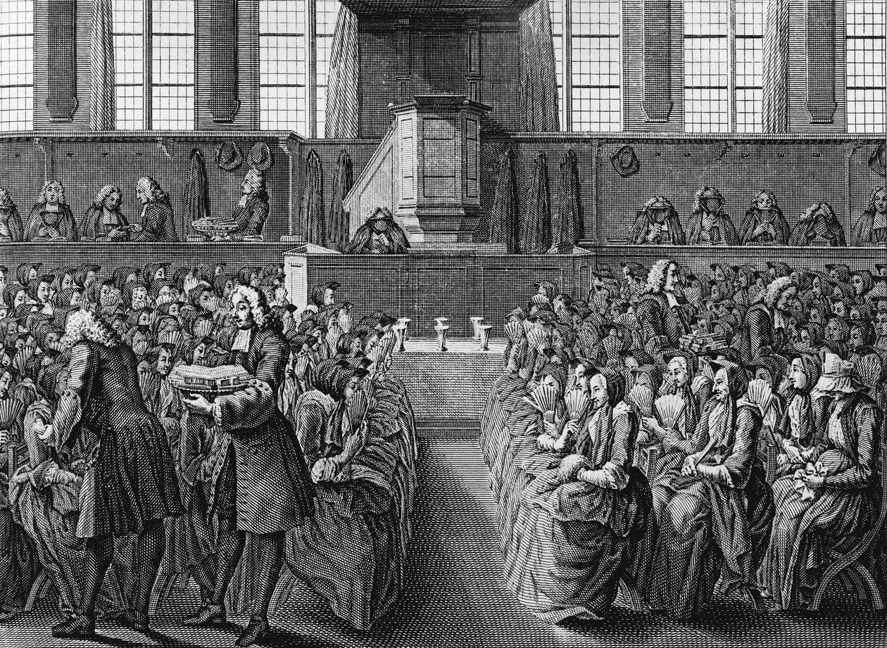 Anabaptistenes middag, gravering av Jacobus van der Schley (1715-1779) fra religiøse seremonier og skikker til alle verdens folk av Jakob van der Schley