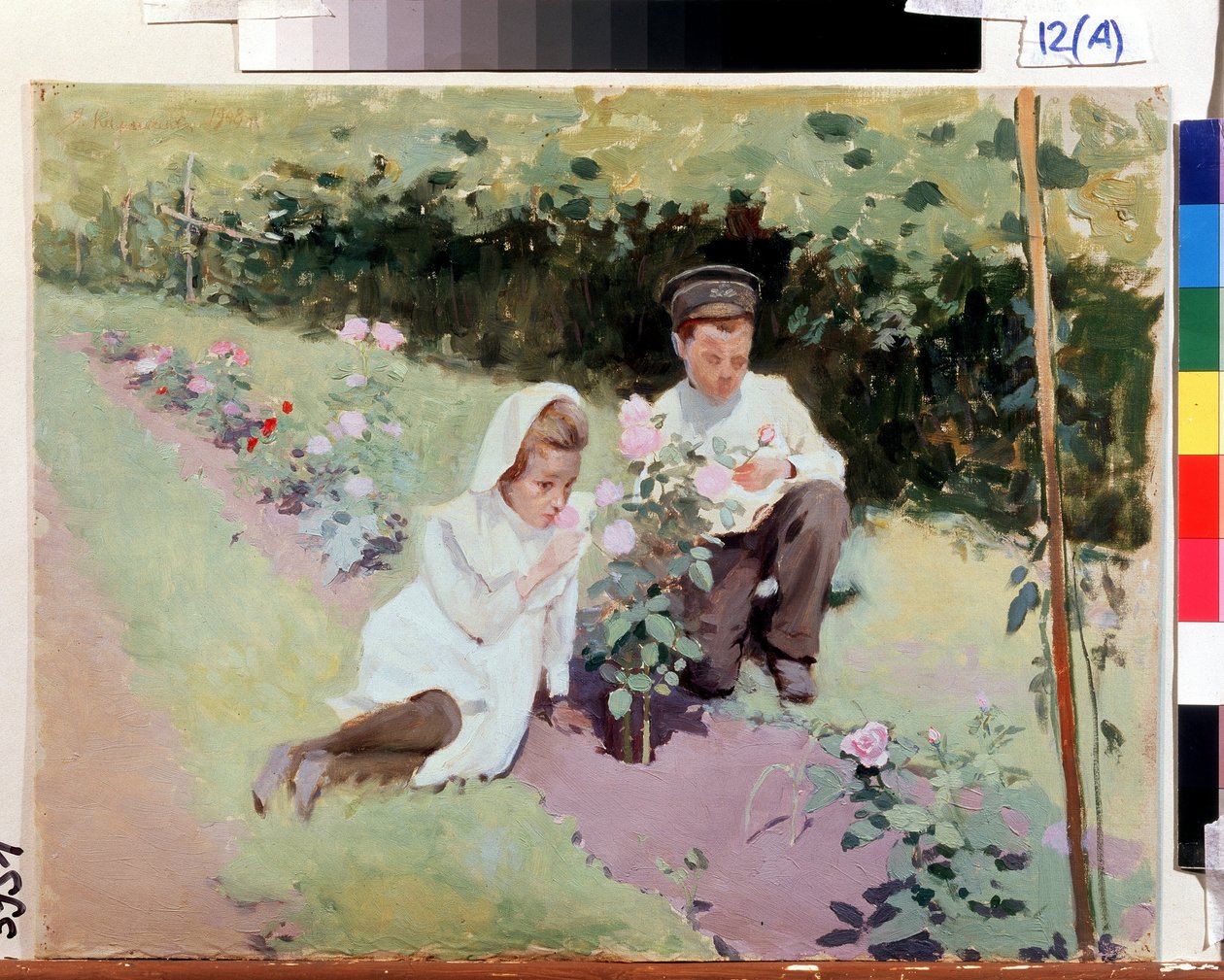 ""Au rosier"" To barn i en rosehage. Maleri av Jakov Kalinichenko (1869-1938) 1908 State Regional I. Pozhalostin Art Museum, Ryasan av Jakoff Jakovlevitch Kalinitchenko