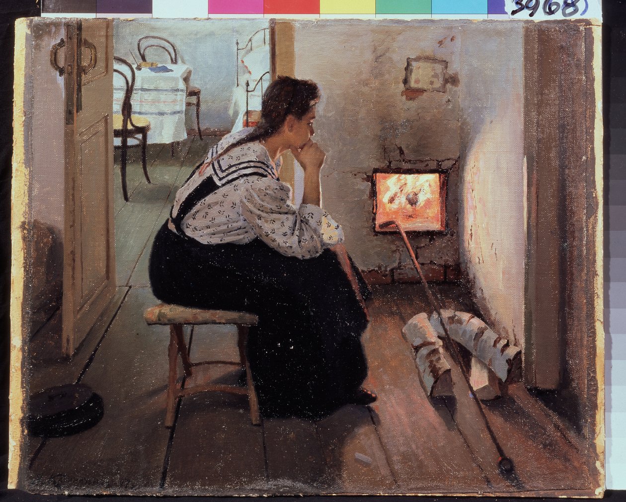 ""Tanker ved komfyren"" (Tanker ved komfyren) En ung kvinne som sitter ettertenksom foran bålet. Maleri av Jakov Kalinichenko (1869-1938) 1897 State Regional I. Pozhalostin Art Museum, Ryasan av Jakoff Jakovlevitch Kalinitchenko