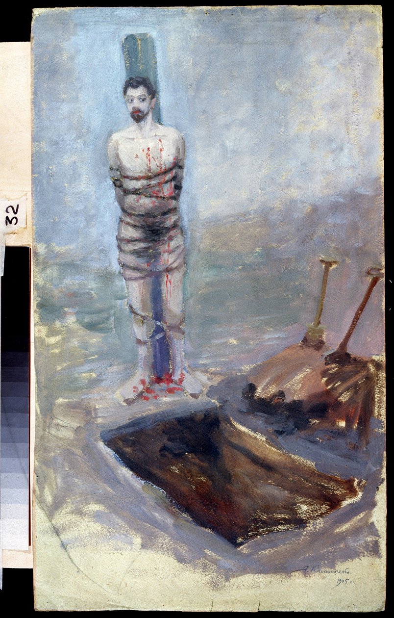 Den russiske revolusjonen i 1905: ""Henrettelsen"" En domfelt bundet til en stolpe nær hans gravde grav. Maleri av Jakov Kalinichenko (1869-1938) 1905 State Regional I. Pozhalostin Art Museum, Ryasan av Jakoff Jakovlevitch Kalinitchenko