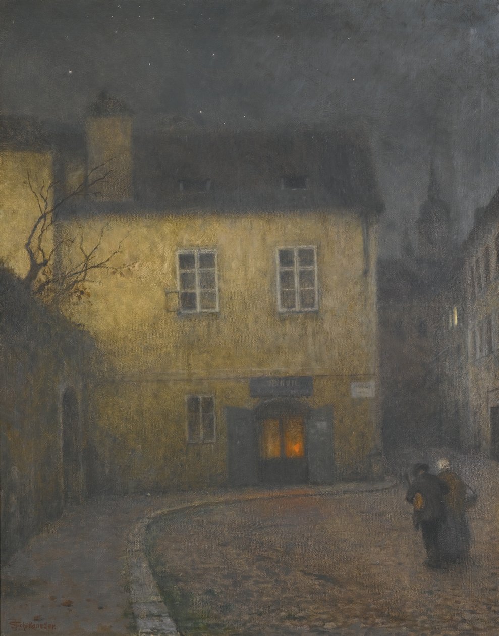 Et gatehjørne i Praha, ca. 1900 av Jakub Schikaneder