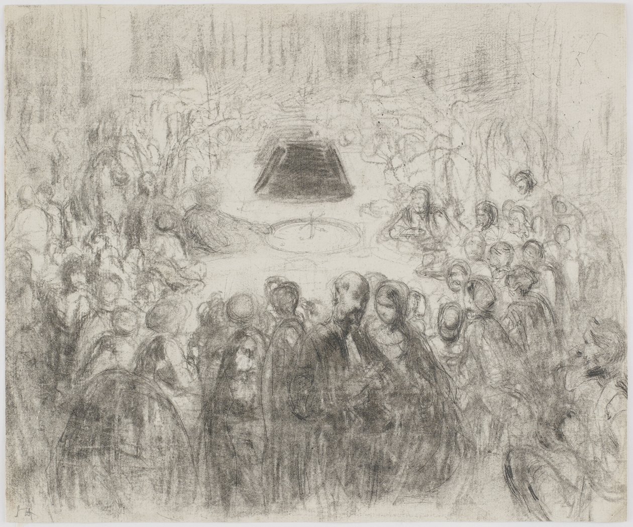Et gamblingrom i Baden-Baden, 1858 (blyant og kull på hvitt papir) av James Abbott McNeill Whistler
