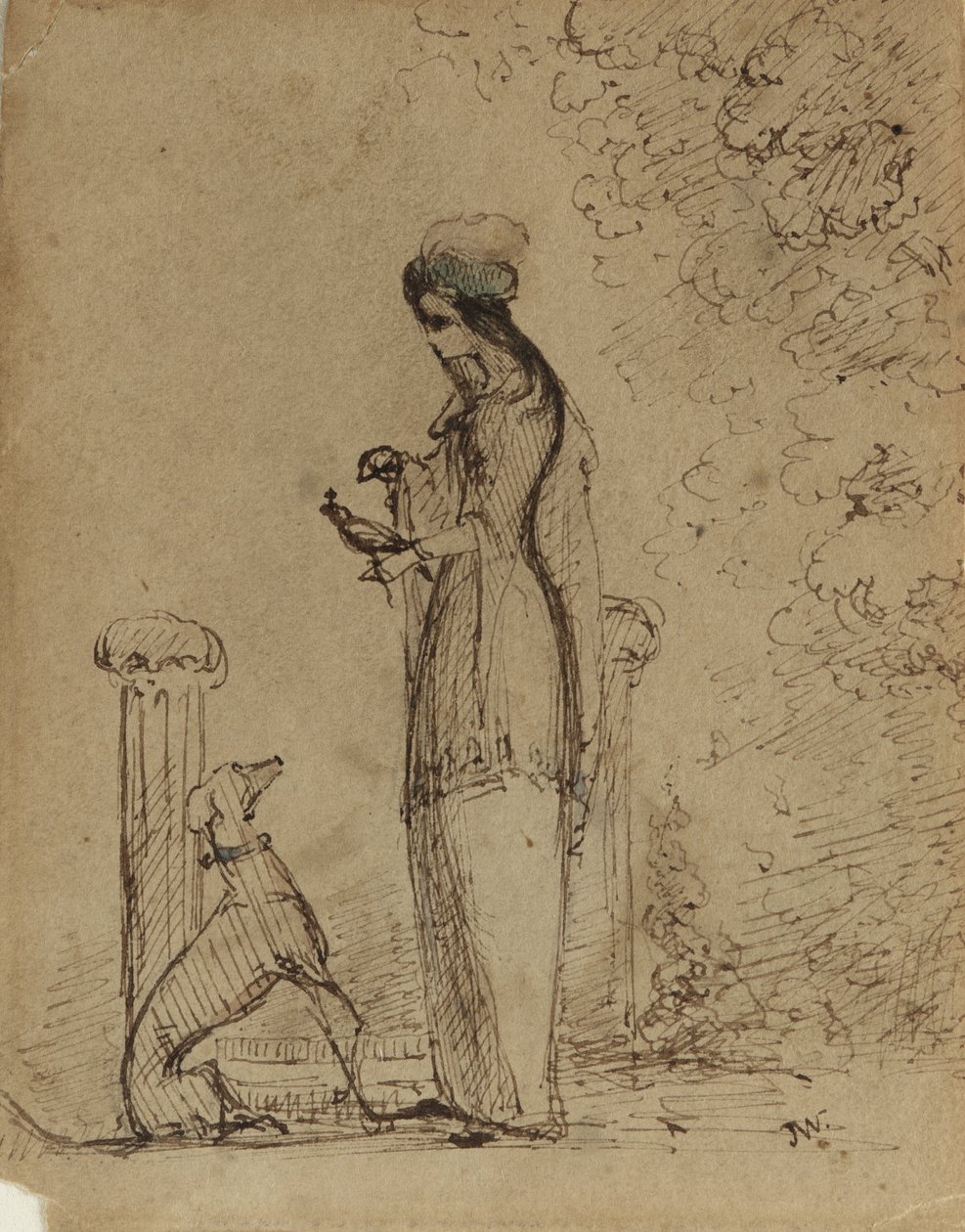 A Woman with a Dog and Bird, ca. 1850-51 (penn og blekk på lysebrunt papir) av James Abbott McNeill Whistler