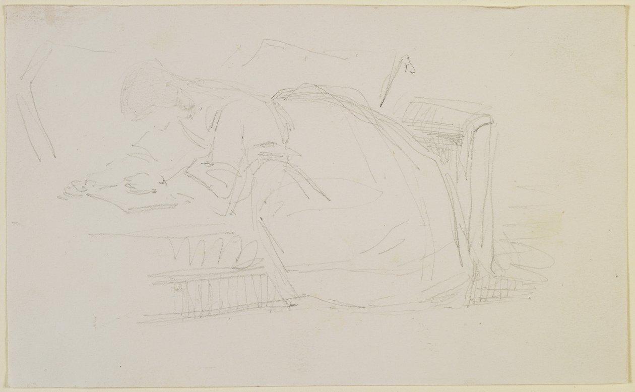 En jente lener seg tilbake på en sofa og leser, 1858-60 (blyant på off-white vevd papir) av James Abbott McNeill Whistler