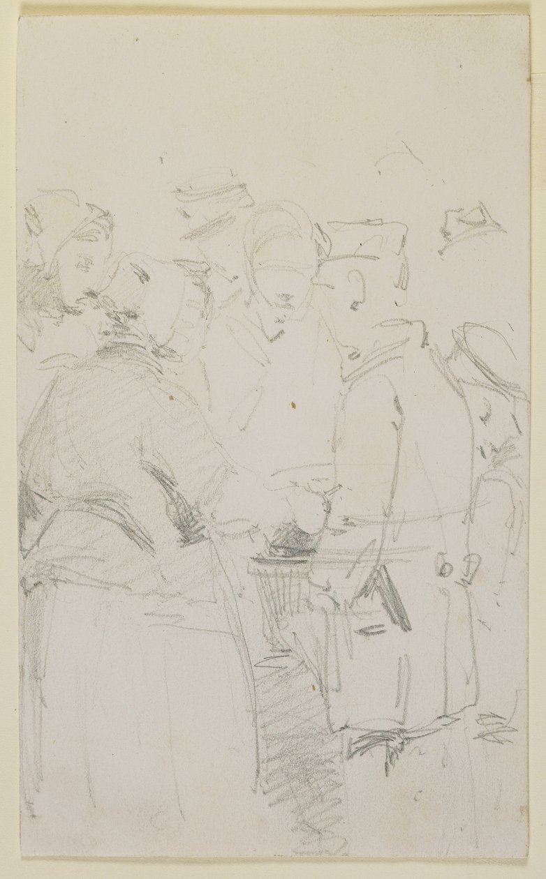 En gruppe figurer rundt en brenner, 1858 (blyant på off-white vevd papir) av James Abbott McNeill Whistler