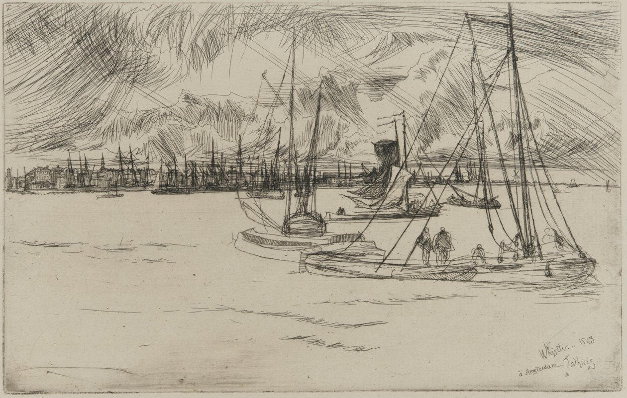 Amsterdam fra Tolhuis, 1863 (radering på papir) av James Abbott McNeill Whistler