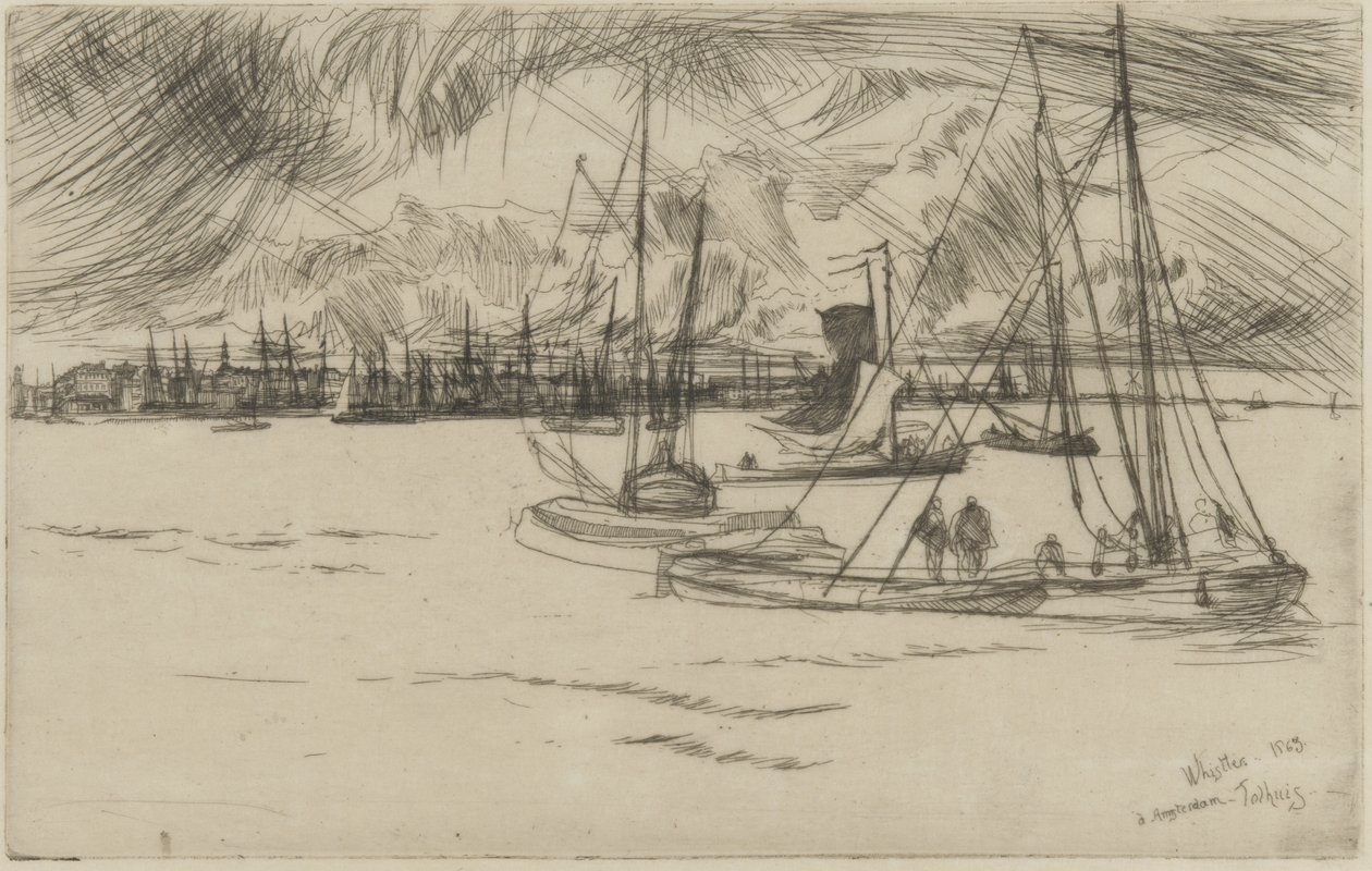 Amsterdam fra Tolhuis, 1863 (radering på papir) av James Abbott McNeill Whistler