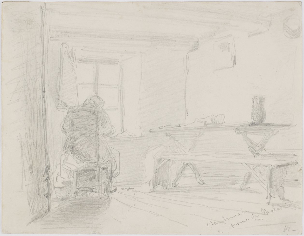 La Ferme de Maladrie soverom, ca. 1861 (blyant på hvitt papir); av James Abbott McNeill Whistler