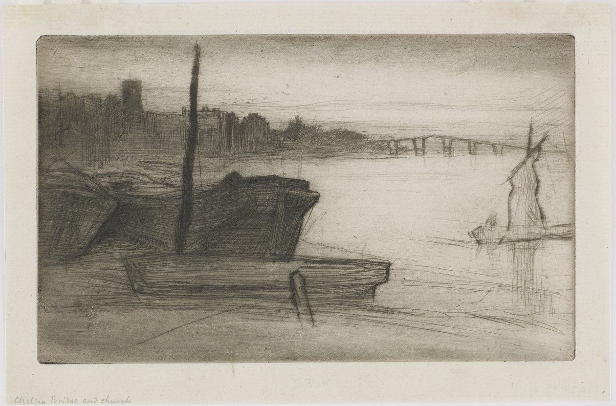 Chelsea Bridge and Church, ca. 1870-71 (tørrpunkt på papir) av James Abbott McNeill Whistler