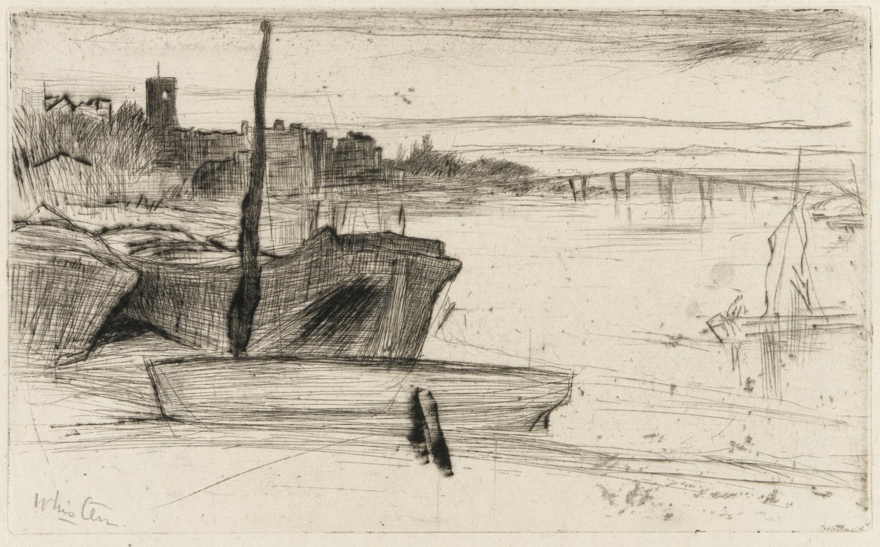 Chelsea Bridge and Church, ca. 1870-71 (tørrpunkt på papir) av James Abbott McNeill Whistler
