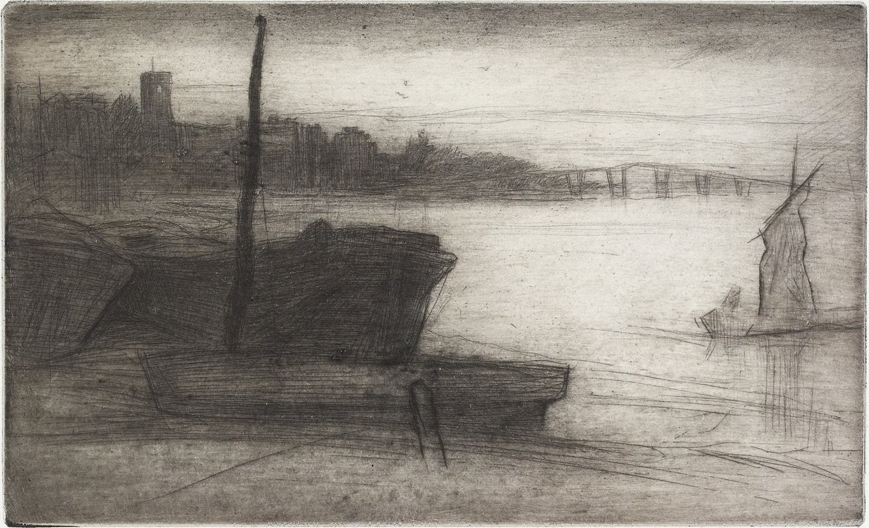 Chelsea Bridge og kirke fra seksten etsninger av scener på Themsen og andre emner, 1870-1871 av James Abbott McNeill Whistler