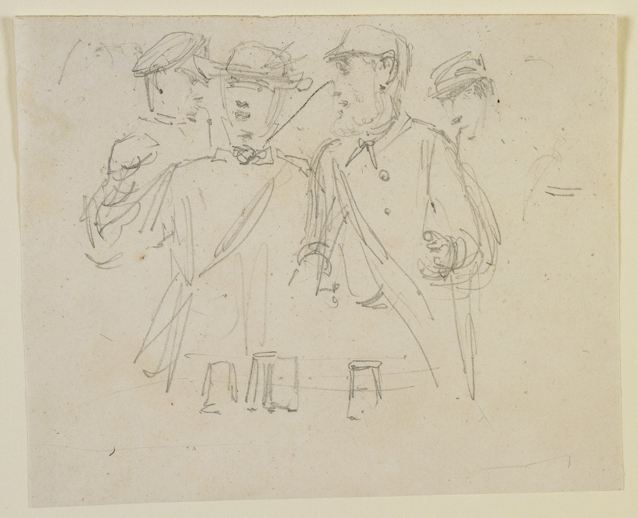 Gruppe på fire menn, 1858 (blyant på off-white vevd papir) av James Abbott McNeill Whistler
