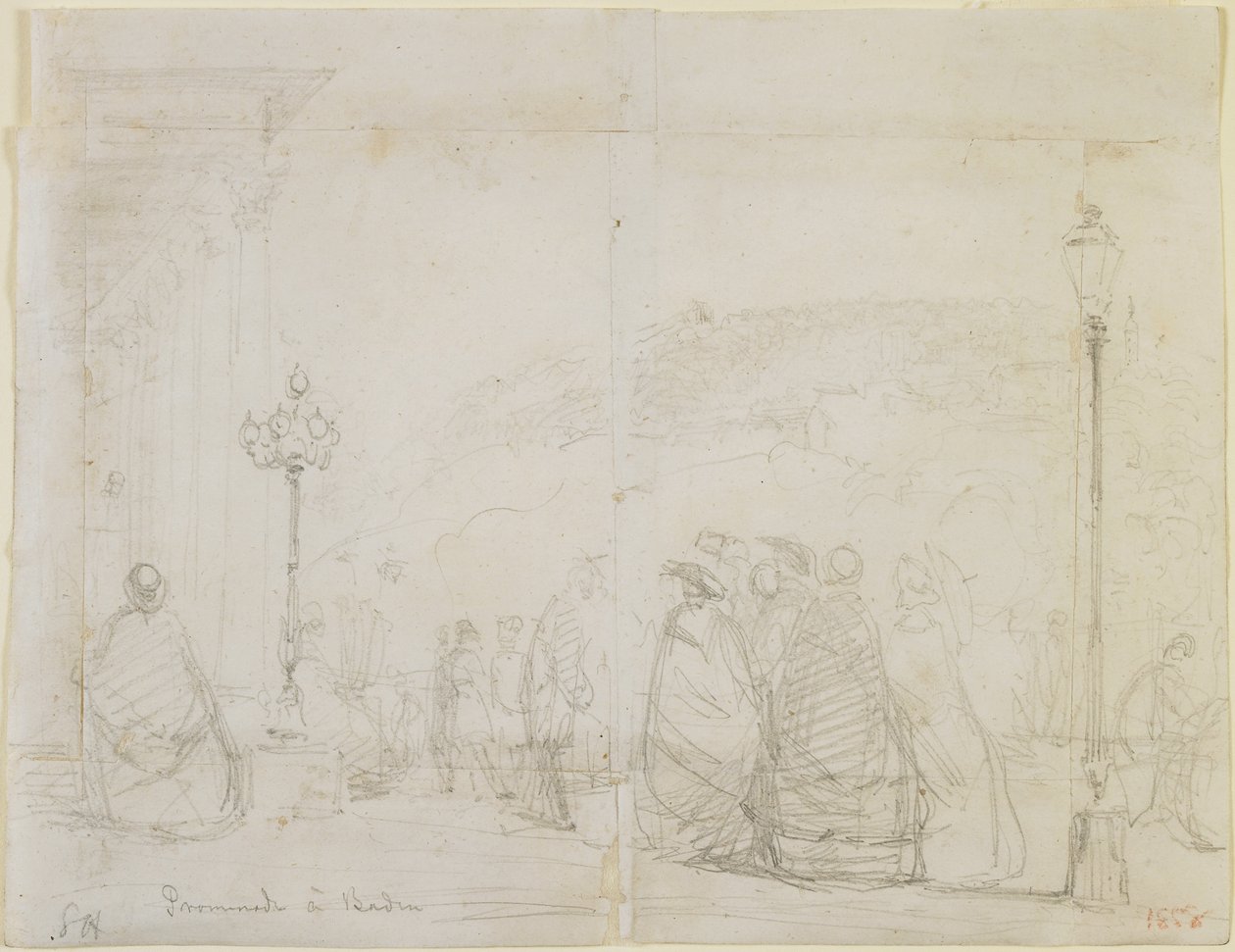 Promenade i Baden, 1858 (blyant på off-white vevd papir) av James Abbott McNeill Whistler