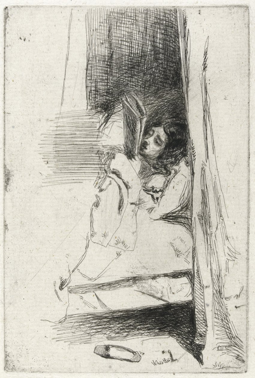 Reading in Bed (The Slipper) 1858 (svart karbonblekk på antikk lagt papir) av James Abbott McNeill Whistler