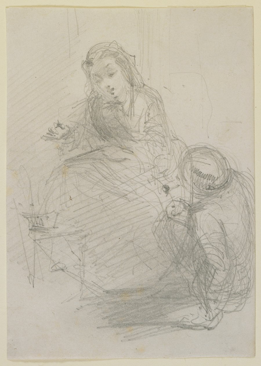 To figurer: en jente sittende og en mann på bakken til venstre for henne, ca. 1855-59 (blyant på off-white papir) av James Abbott McNeill Whistler