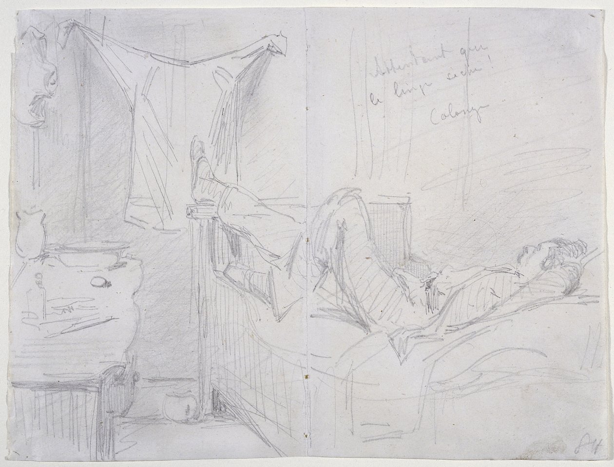 Venter på at klærne skal tørke, Köln, 1858 (blyant på off-white vevd papir) av James Abbott McNeill Whistler