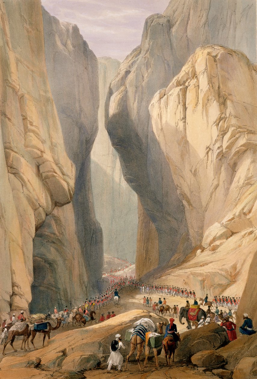 Inngang til Bolan-passet fra Dadur, fra 'Sketches in Afghanistan', gravert av Charles Haghe (1810-88) og Louis Haghe (1806-85), utgitt av Henry Graves, 1842 av James Atkinson